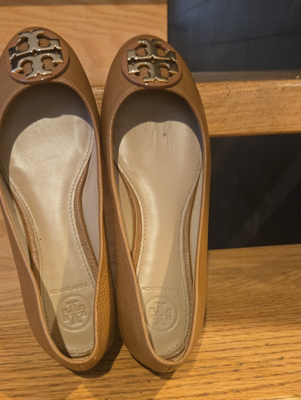 Tory Burch Camel/Tan Leather Logo Ballet Flats